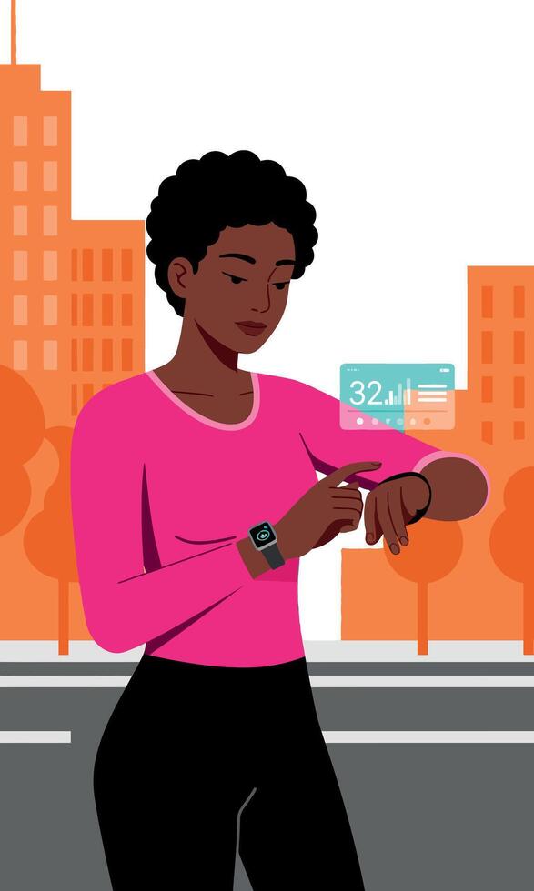 Woman Checking Smartwatch with City Buildings Background Urban Lifestyle Illustration vector