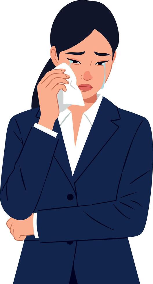 Sad businesswoman wiping tears with tissue in emotional moment illustration vector