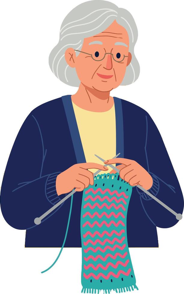 Elderly Woman Knitting Colorful Scarf with Blue and Pink Patterns Illustration vector