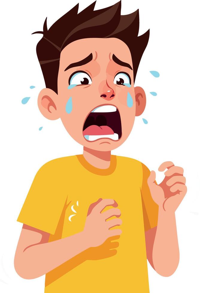 Crying boy in yellow shirt expressing fear and distress illustration vector