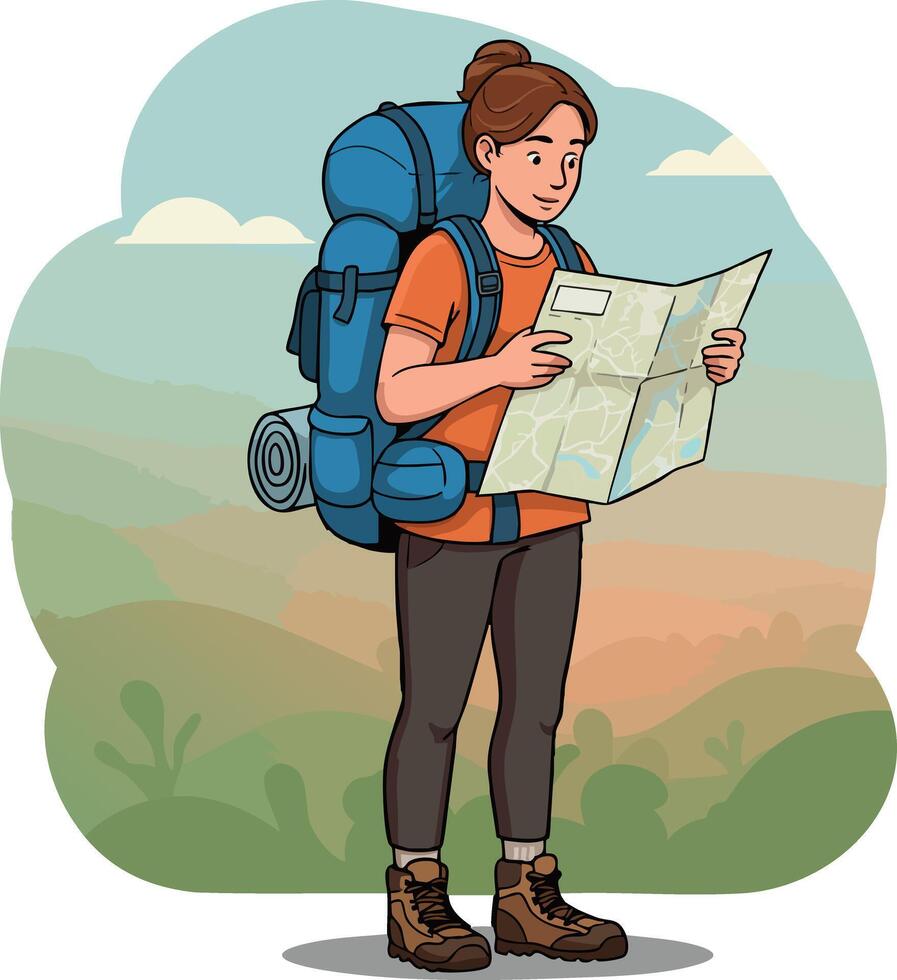 Female hiker with backpack reading map in natural landscape outdoors adventure scene vector