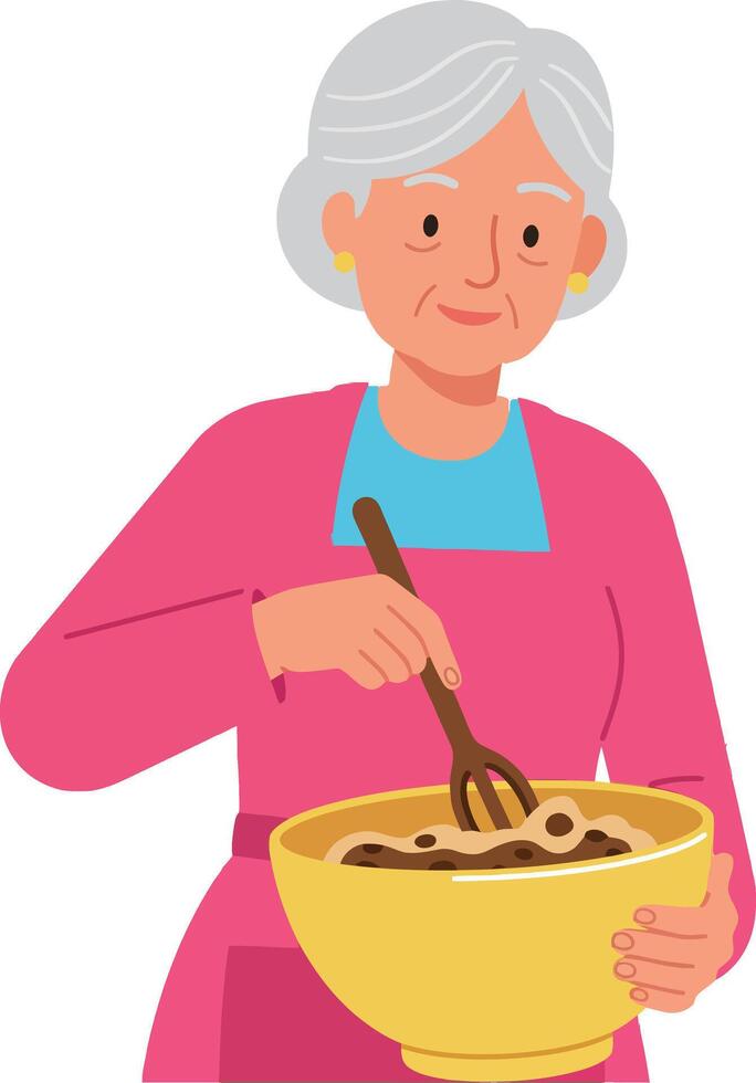 Elderly Woman Mixing Ingredients in Yellow Bowl Cooking Illustration vector