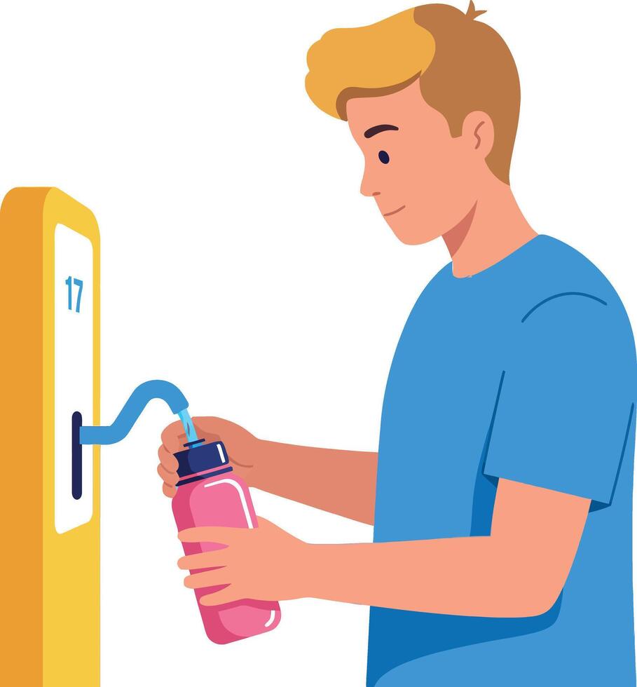 Young man refilling water bottle at public hydration station illustration vector