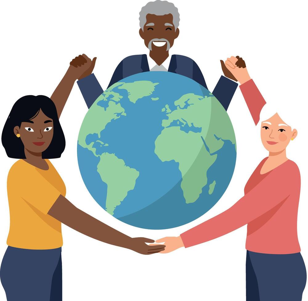 Diverse People Holding Earth Globe Together Representing Global Unity and Environmental Care Illustration vector