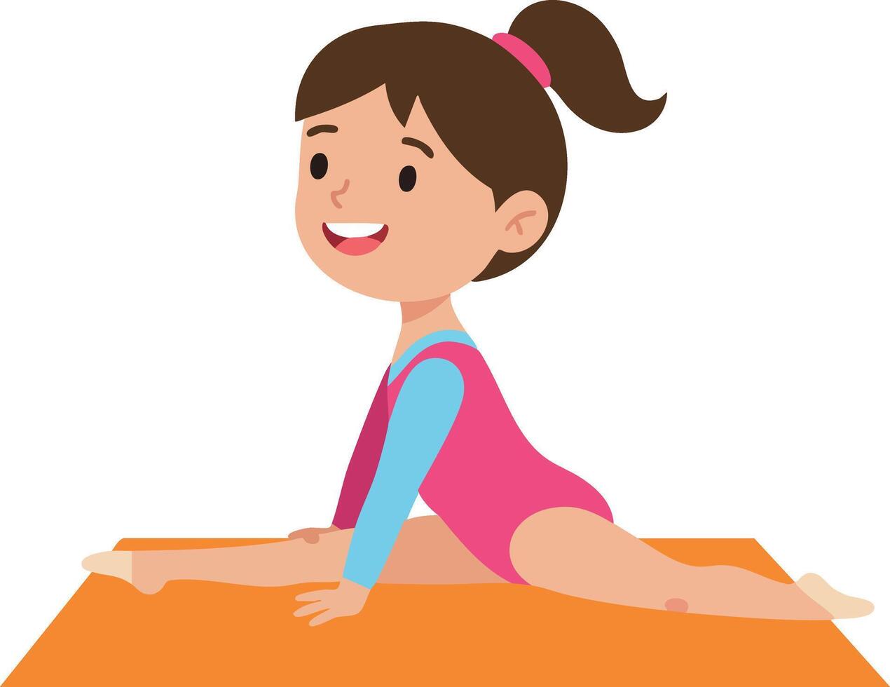 Young girl stretching on orange yoga mat in activewear for kids exercise and fitness vector