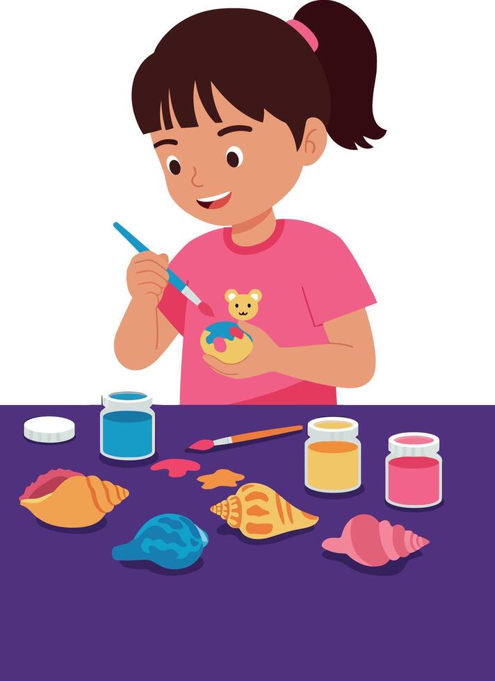 Girl painting seashells with colorful paints on purple table illustration vector