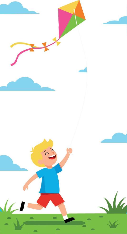 Boy Flying Colorful Kite Outdoors in Blue Sky on Green Grass Illustration vector