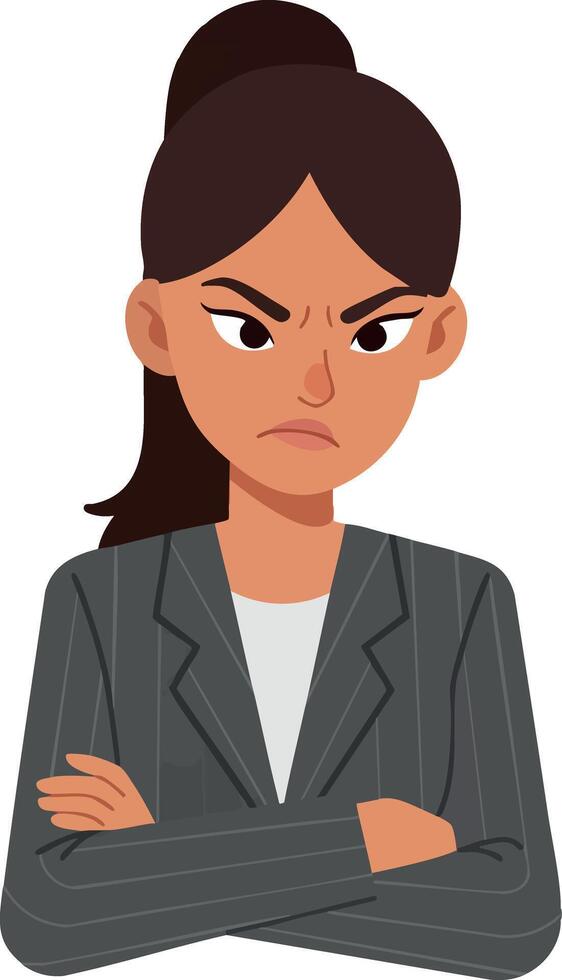 Angry businesswoman with crossed arms in suit jacket illustration vector