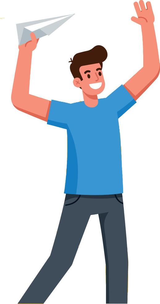 Young man throwing paper airplane in blue shirt and dark pants illustration vector