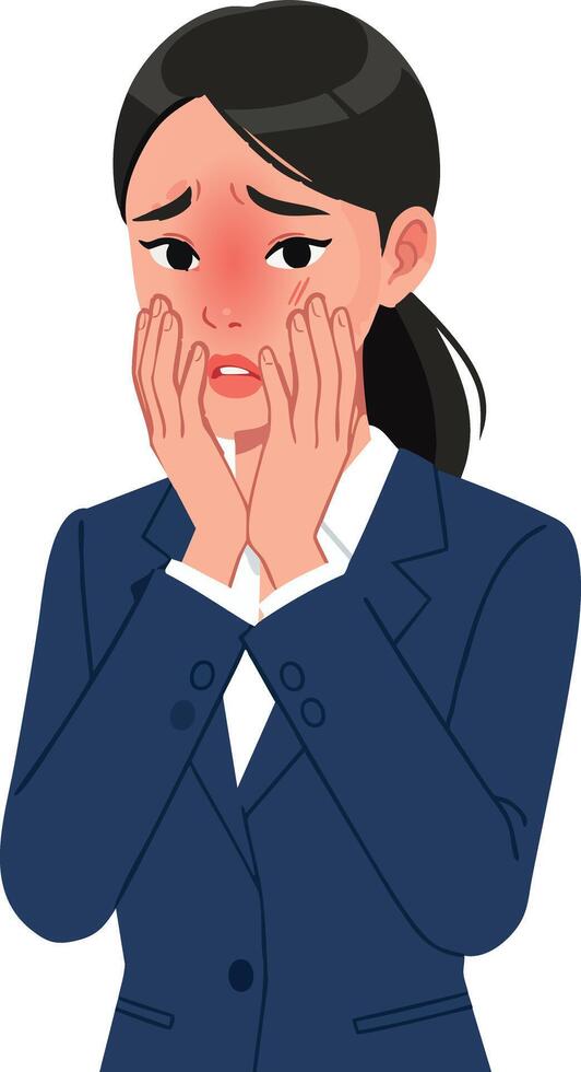 Worried businesswoman in navy suit expressing anxiety and concern illustration vector