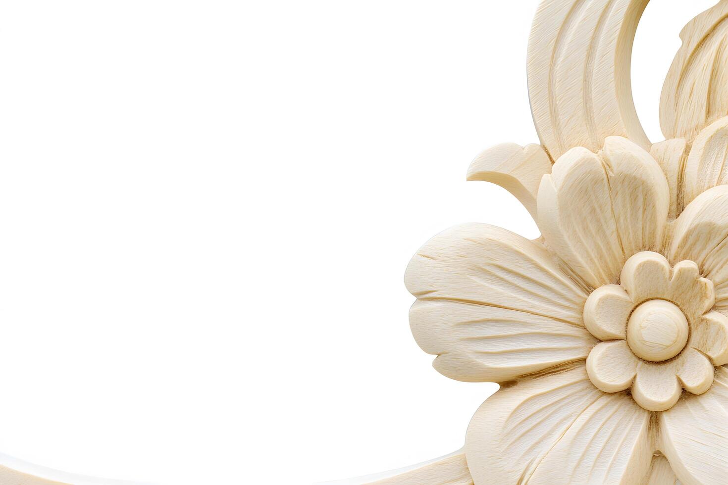 Intricately Carved Floral Design in Wood with Delicate Petals and Leaves Against a White Background for Elegant Decor or Craft Projects photo