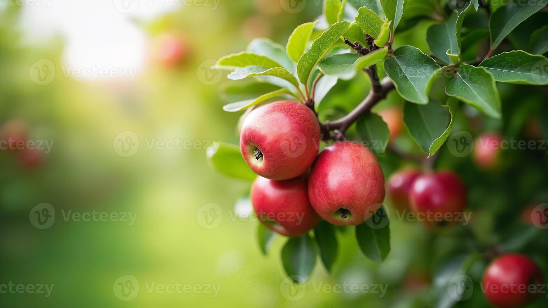 Fresh Red Apples Hanging On Tree Branch photo