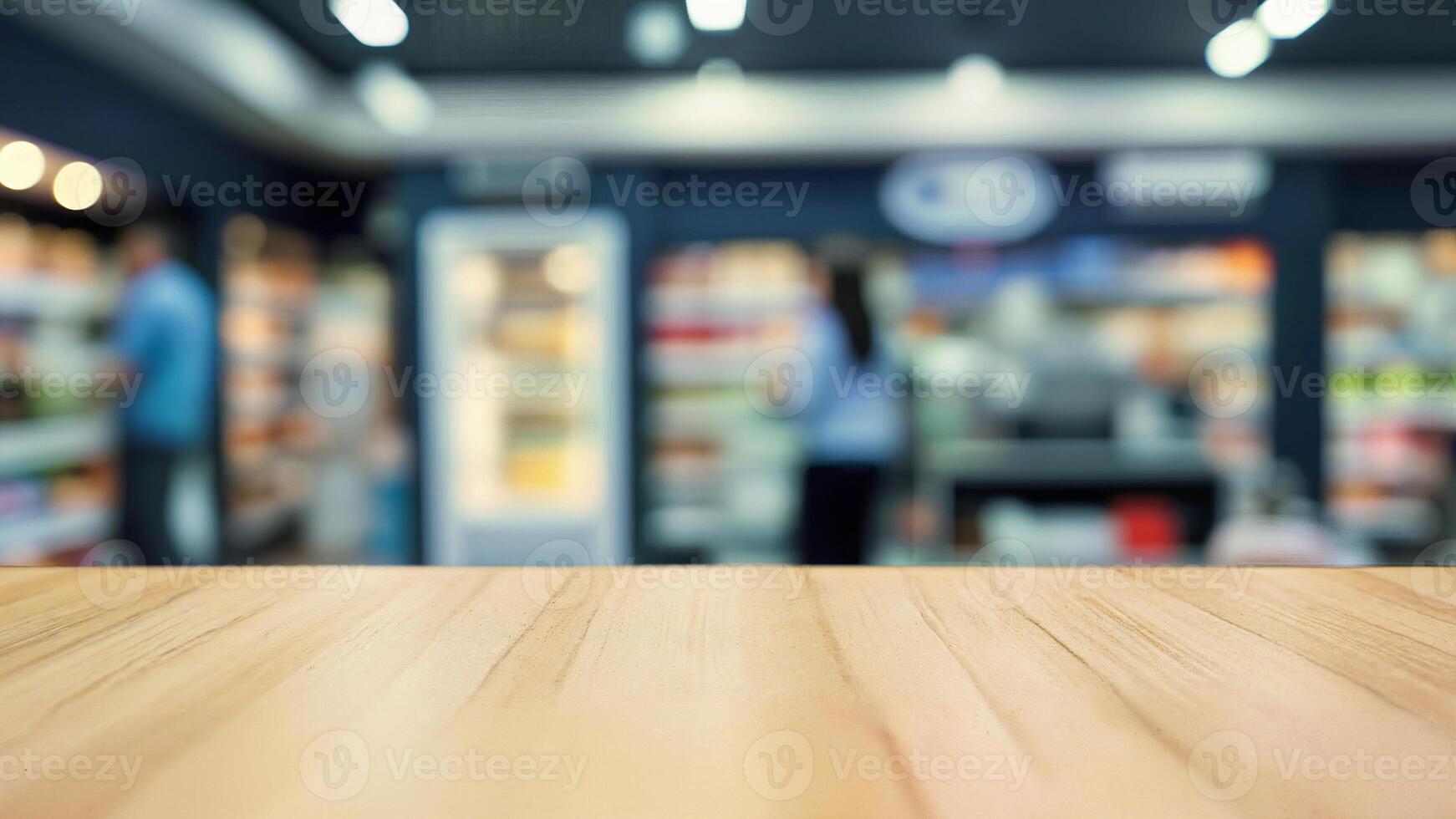 Empty Wooden Table In Grocery Store Interior photo