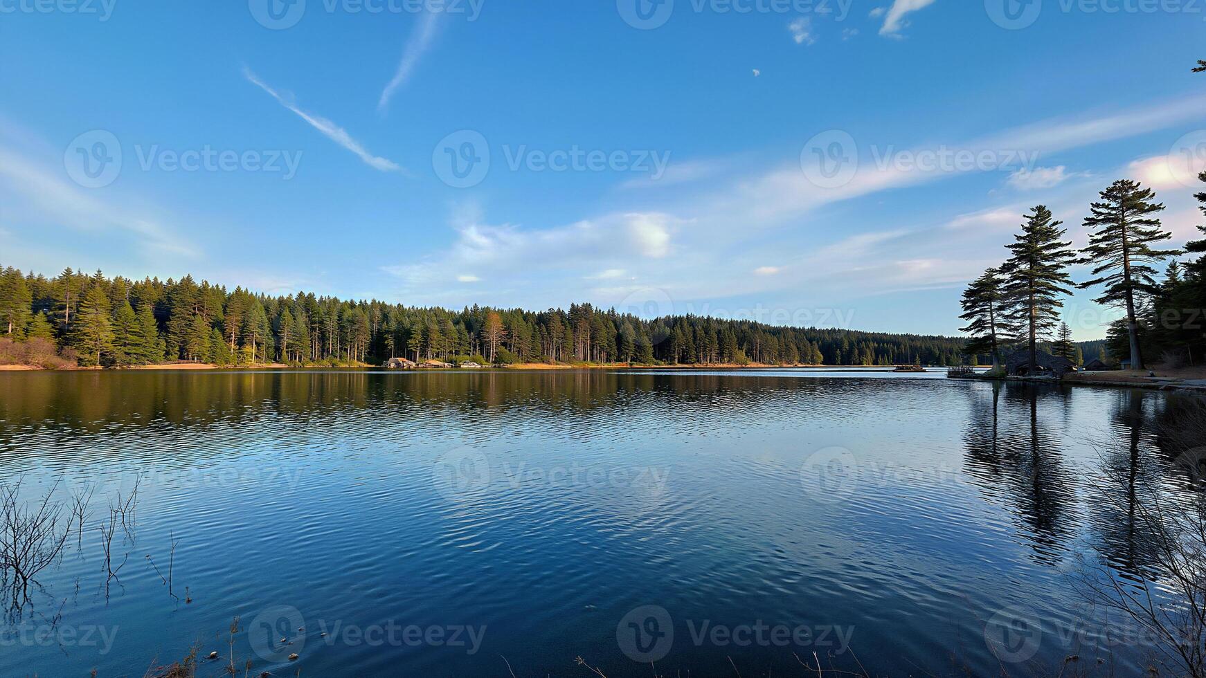 Tranquil Autumn Lake with Pine Trees photo