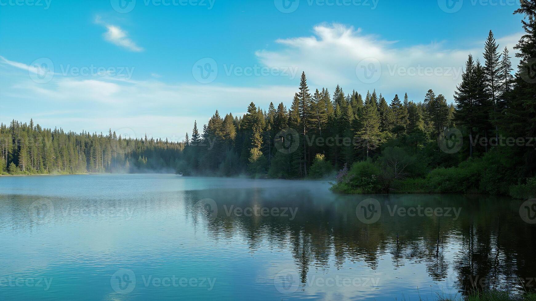 Tranquil Forest Lake With Misty Reflections photo