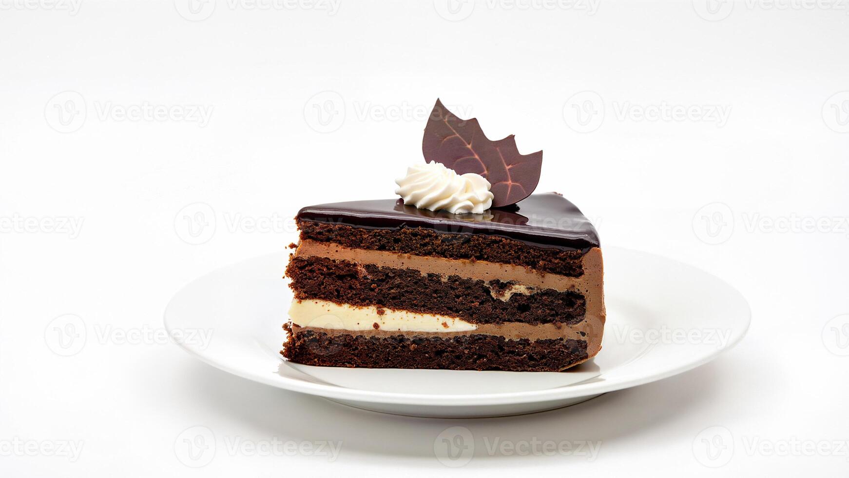 Chocolate Cake Slice with Cream Decoration Isolated photo