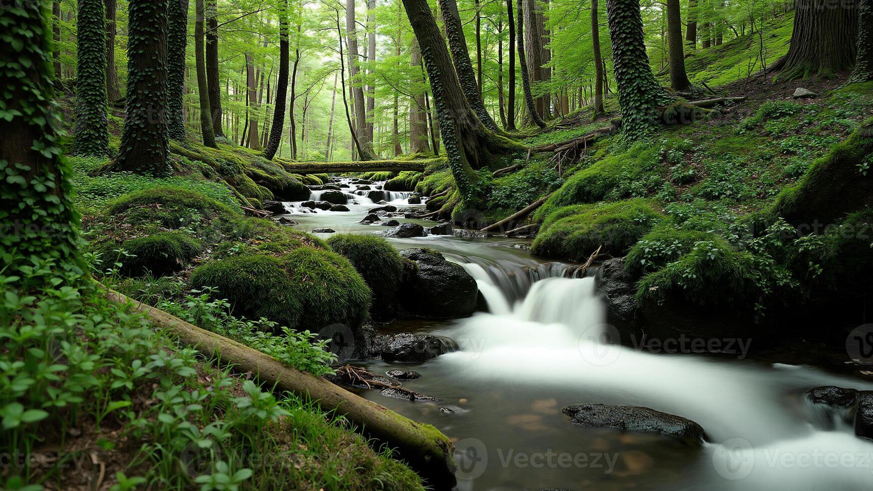 Serene Forest Stream with Mossy Trees photo