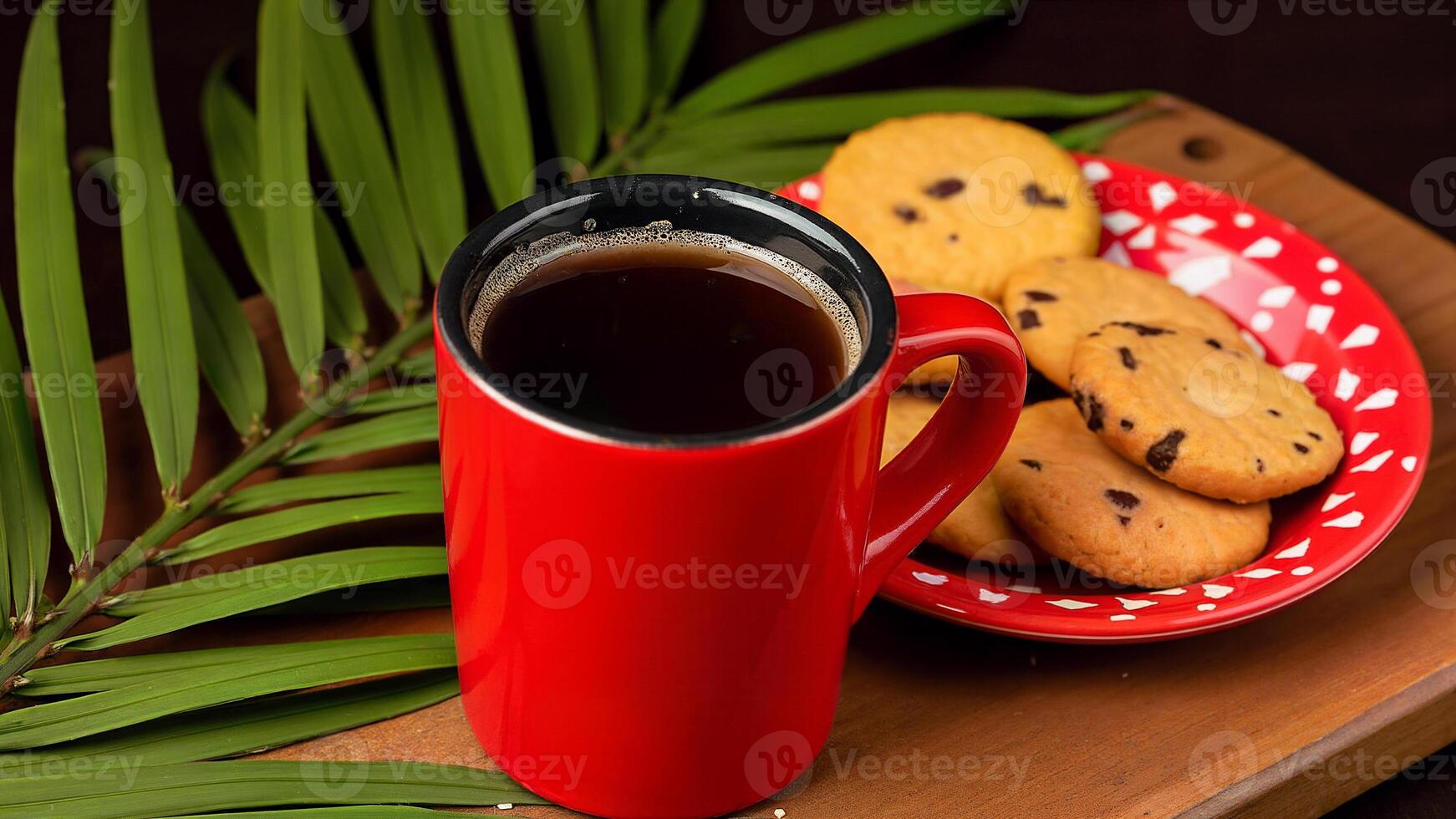 Red Mug Coffee and Cookies on Table photo