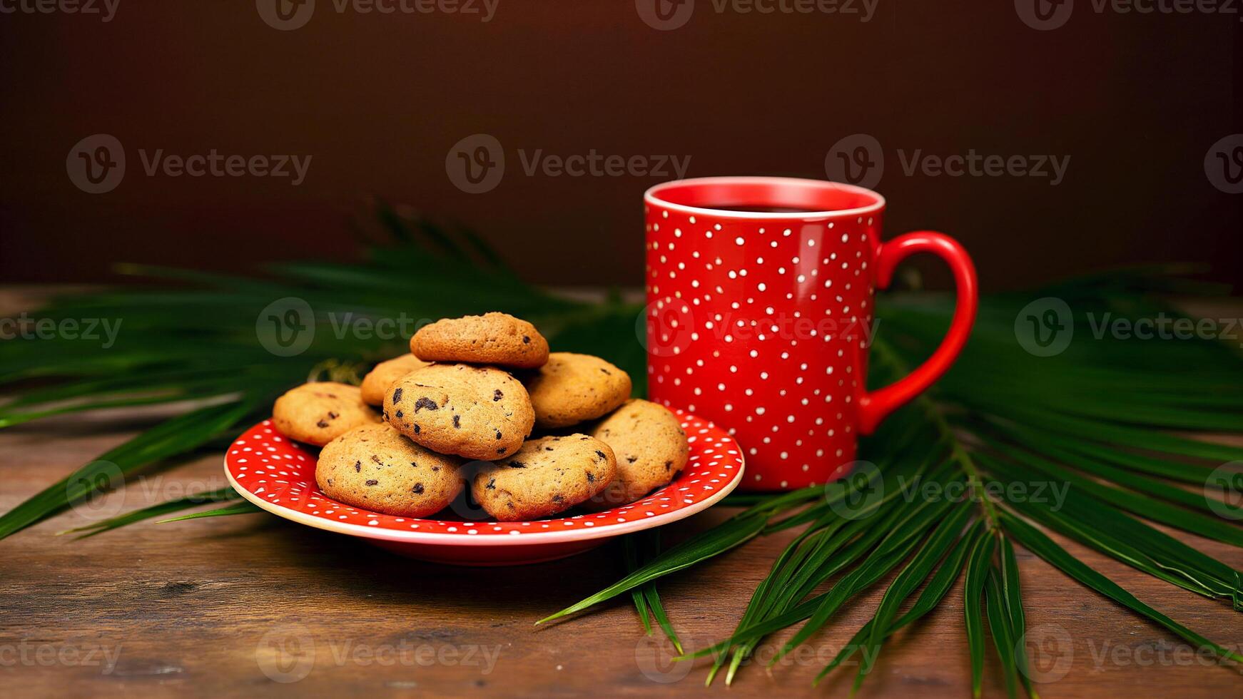 Coffee Mug and Cookies on Coconut Leaf photo
