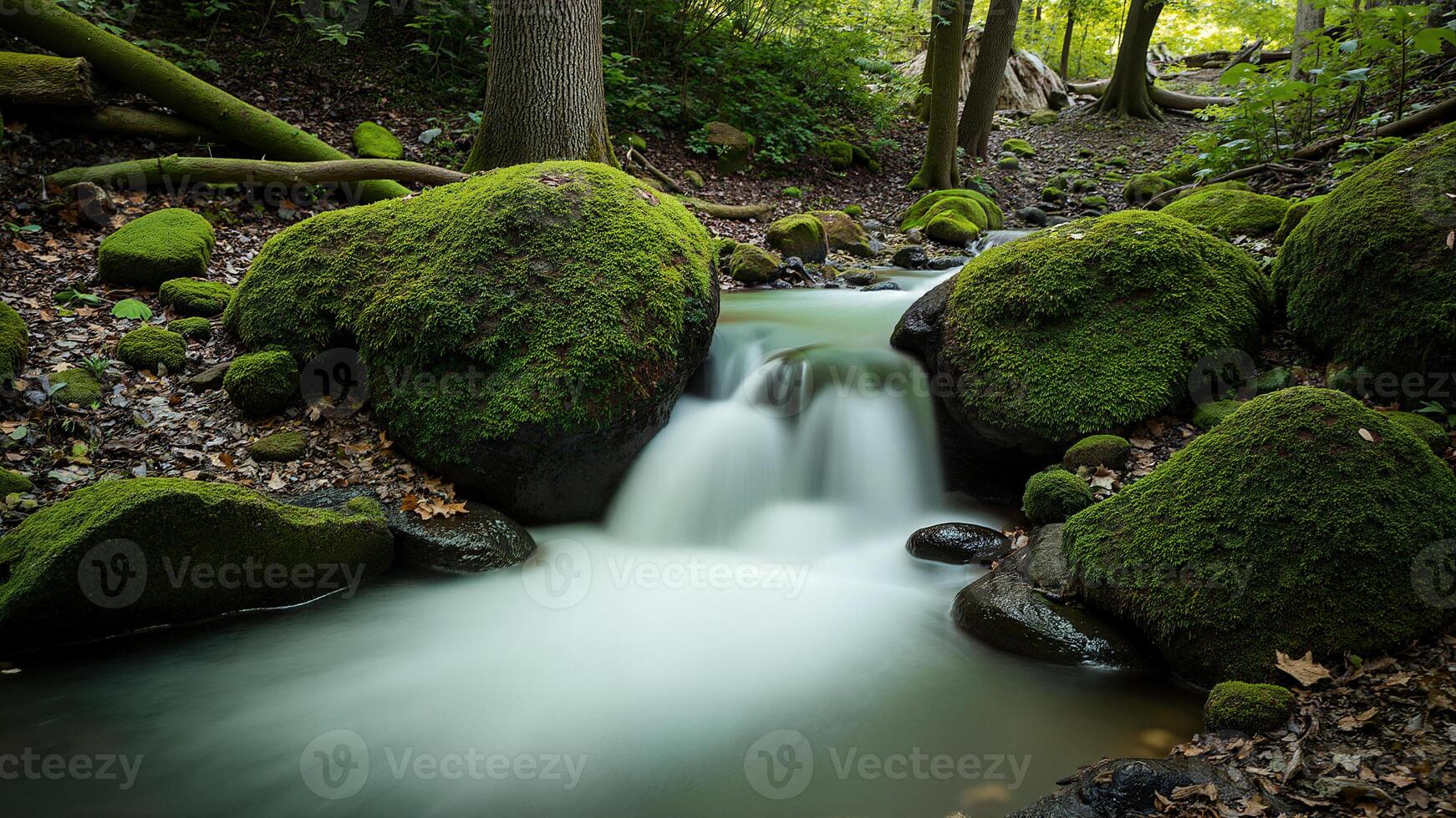 Mossy Rocks and Flowing Forest Creek photo