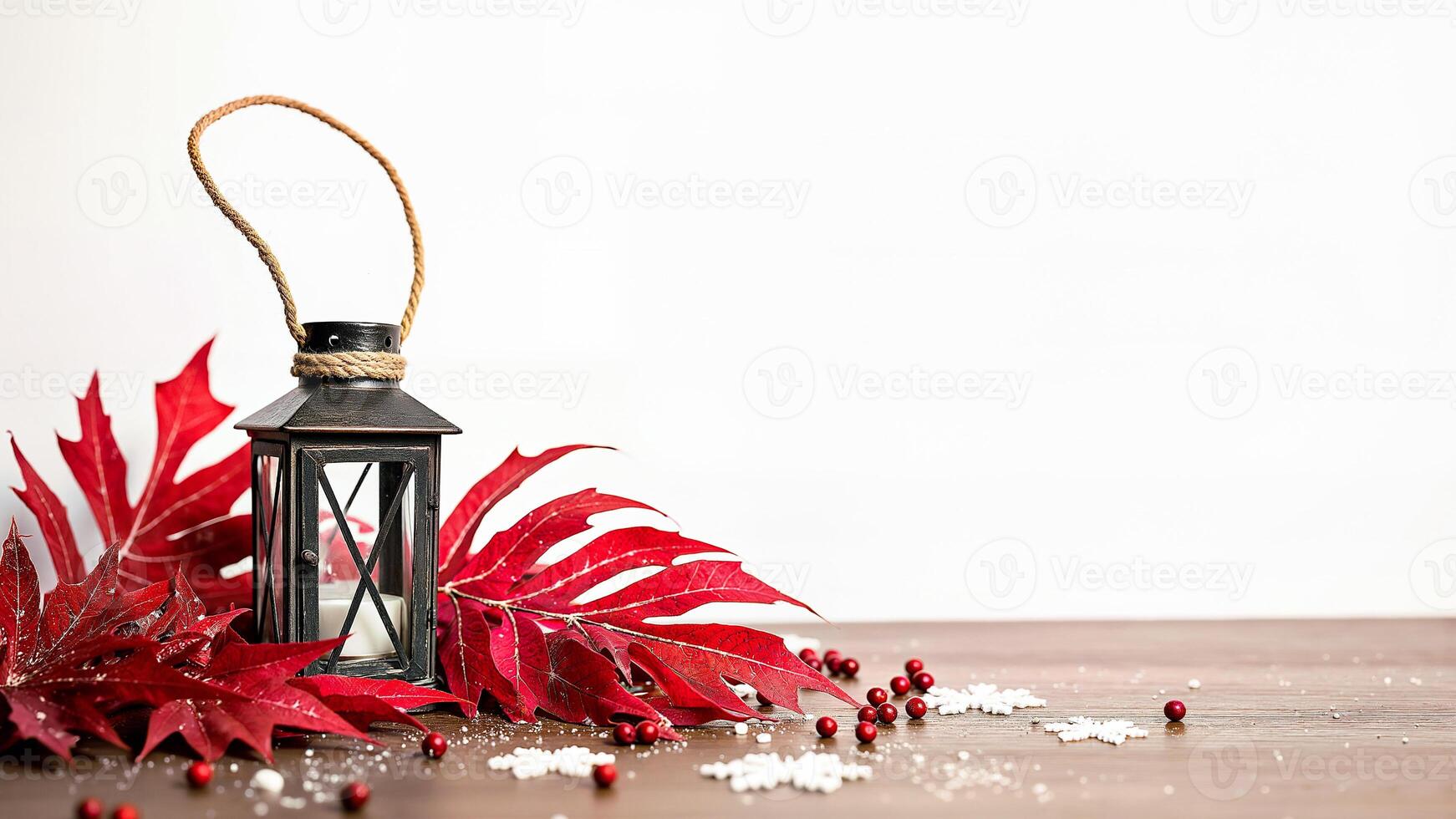 Lantern With Red Leaves On Wooden Table photo