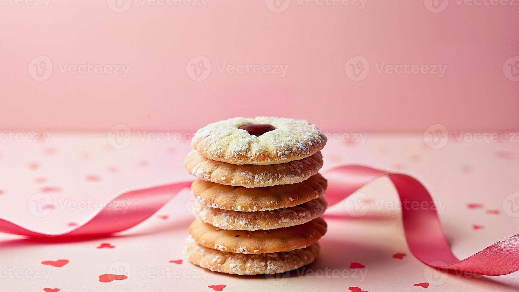 Stack of Linzer Cookies on Pink Background photo