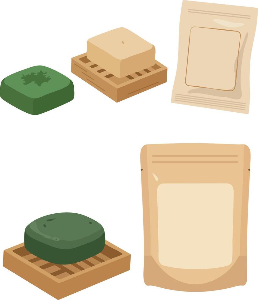 Natural green soap bars with wooden soap dishes and beige packaging illustration vector