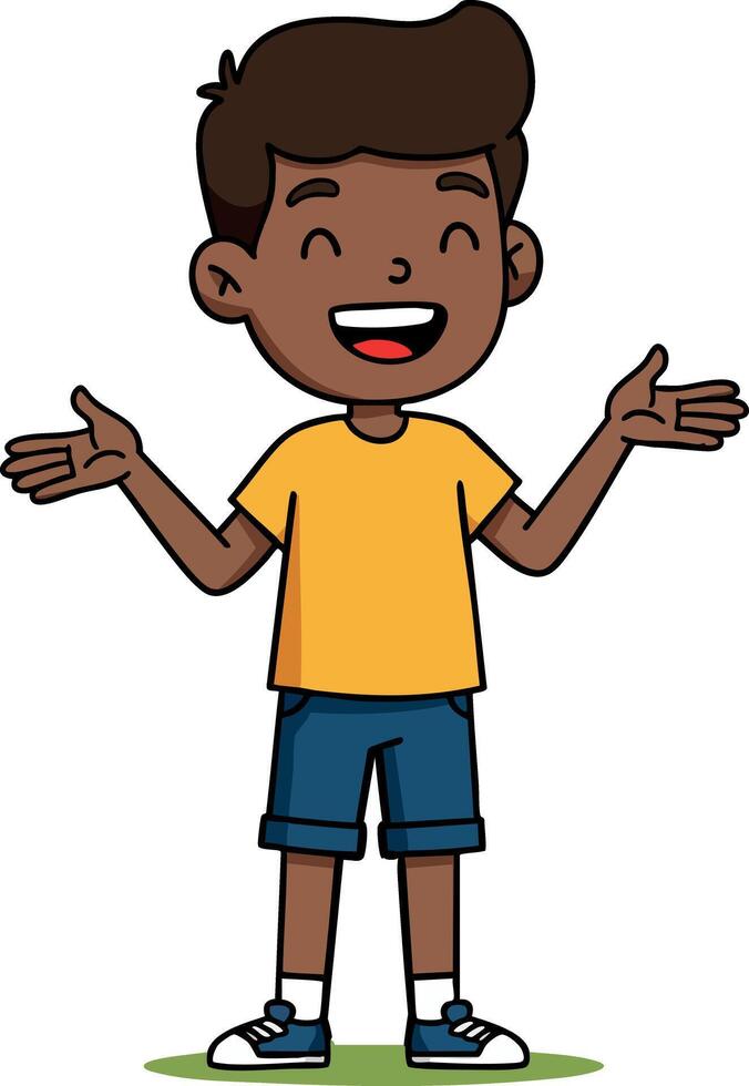 Happy smiling boy in yellow shirt and blue shorts standing with open arms illustration vector