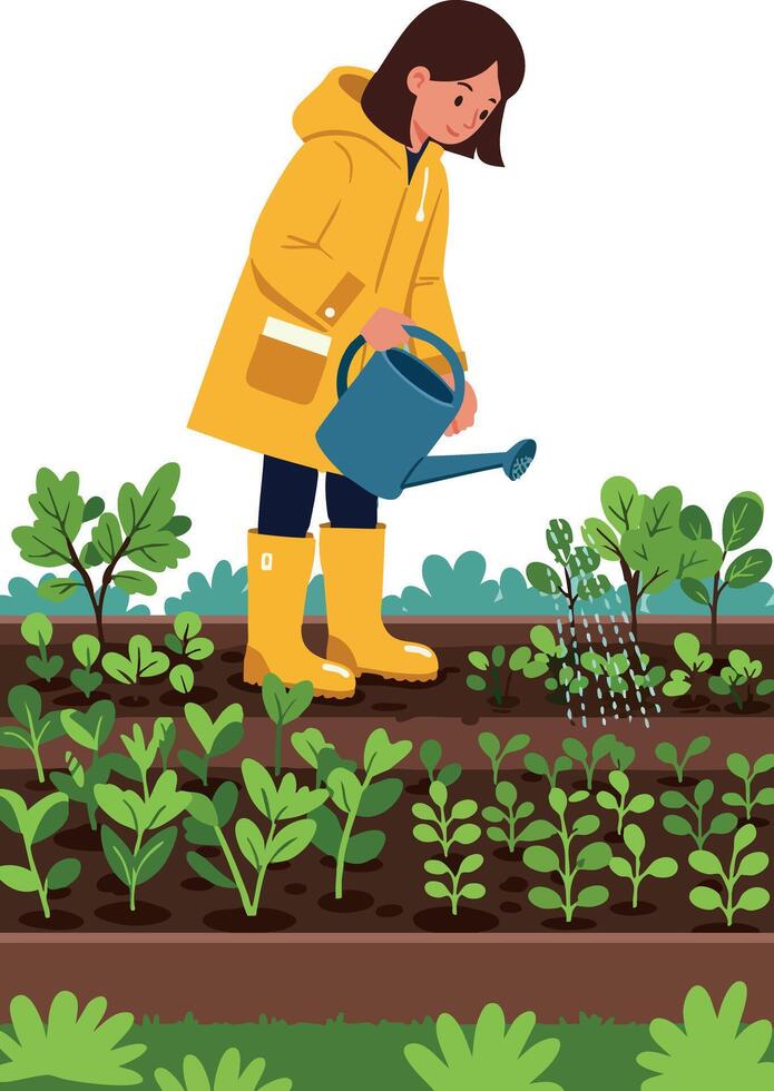Woman watering plants in garden wearing yellow raincoat and boots illustration vector