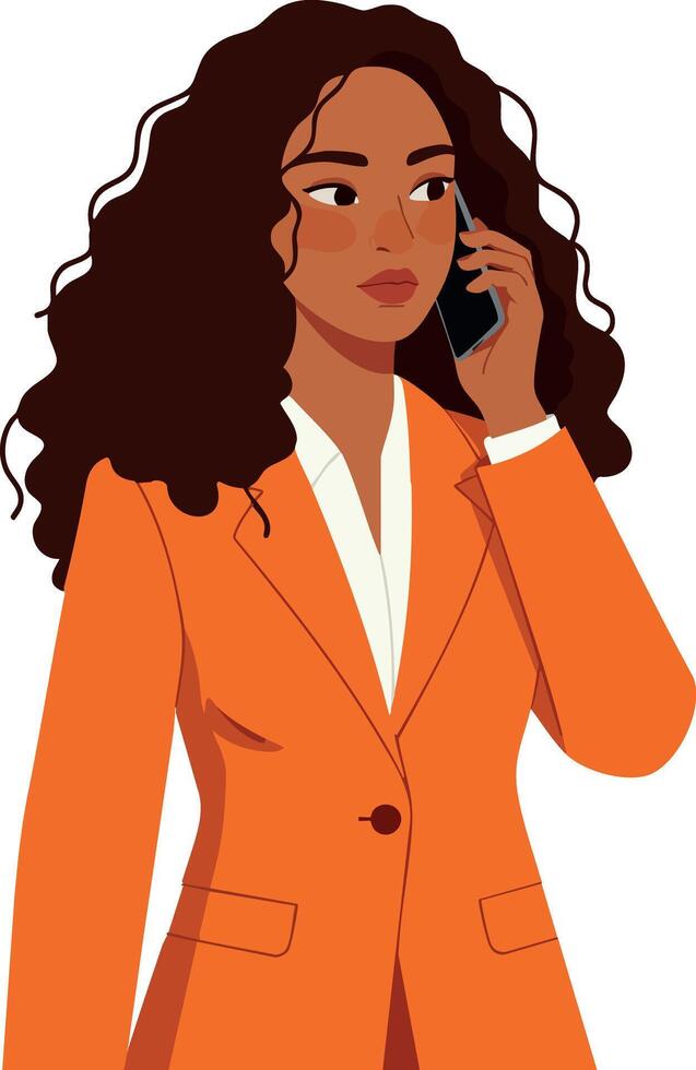Businesswoman in orange suit talking on phone illustration with dark curly hair vector