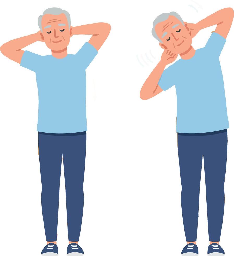 Elderly man stretching neck exercises in blue shirt and navy pants illustration vector