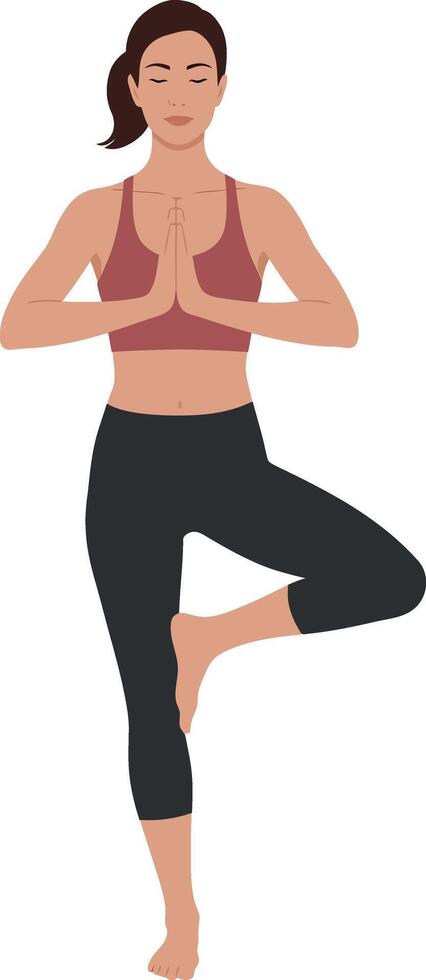 Woman practicing yoga tree pose meditation fitness balance calm health exercise vector