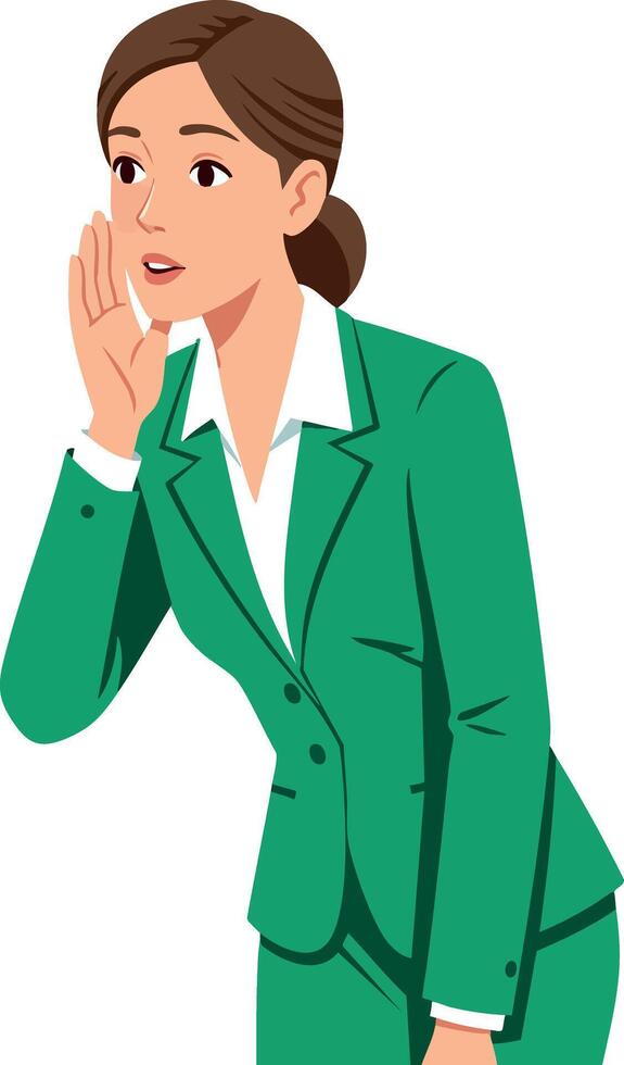 Businesswoman in green suit whispering secret communication illustration vector