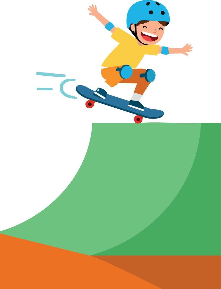 Boy skateboarding on green ramp with blue helmet and yellow shirt illustration vector