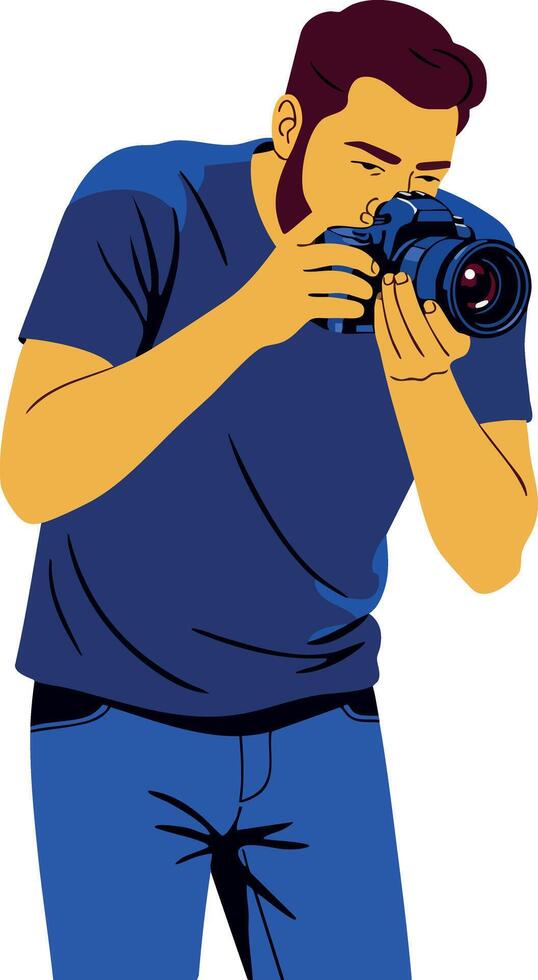 Male Photographer Taking Picture with Camera in Blue Clothes Illustration vector