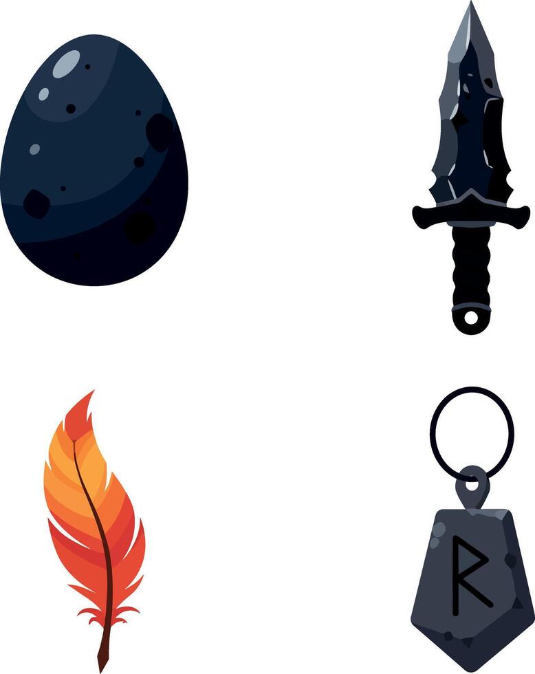 Viking style black stone egg, dagger, red feather, and rune keychain illustrations vector