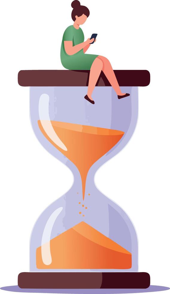 Woman sitting on large hourglass using smartphone concept of time management vector