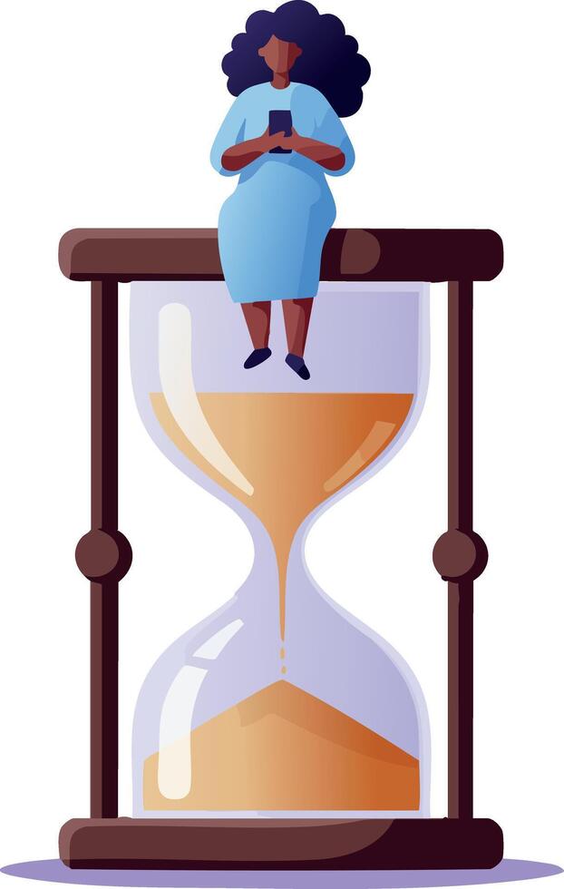 Woman sitting on large hourglass with sand flowing time concept illustration vector