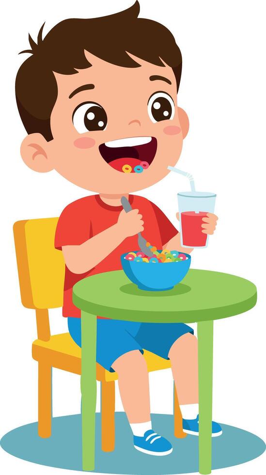 Happy boy eating breakfast cereal with glass of juice at table in colorful room illustration vector