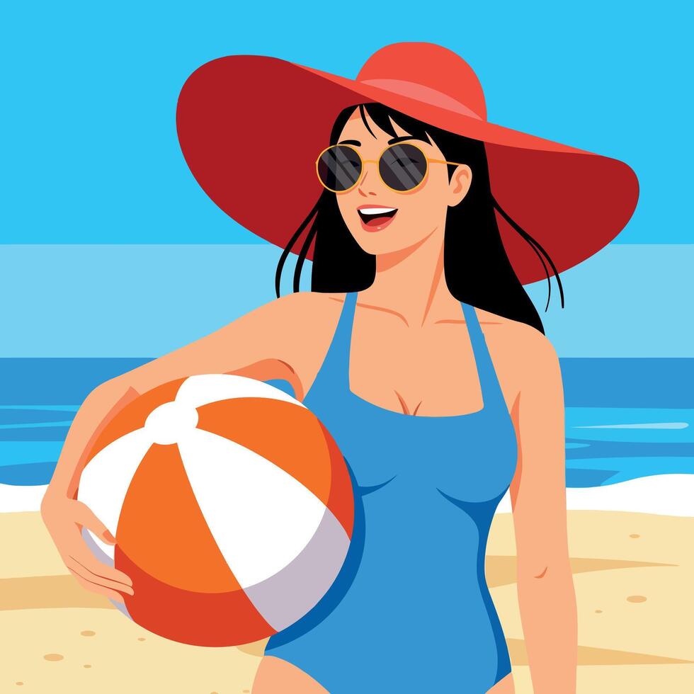 Woman in blue swimsuit with red hat holding beach ball on summer beach illustration vector