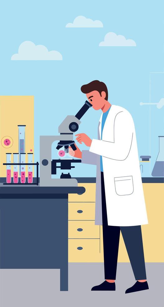 Scientist using microscope in laboratory research environment illustration vector