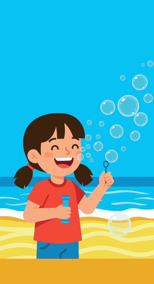 Child blowing bubbles at beach with blue sky and ocean background illustration vector