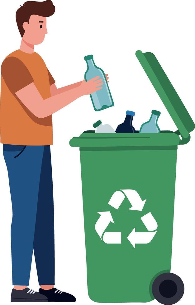 Man Recycling Plastic Bottles in Green Bin for Environmental Care and Waste Management Illustration vector