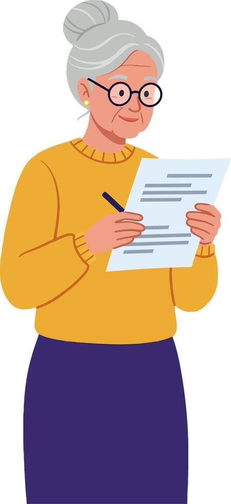 Elderly woman reading and signing document in yellow top and purple skirt illustration vector