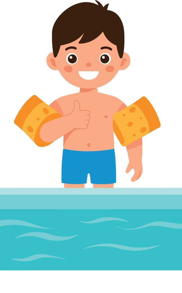 Boy Wearing Floaties Swimming Pool Summer Activity Child Playing Illustration vector