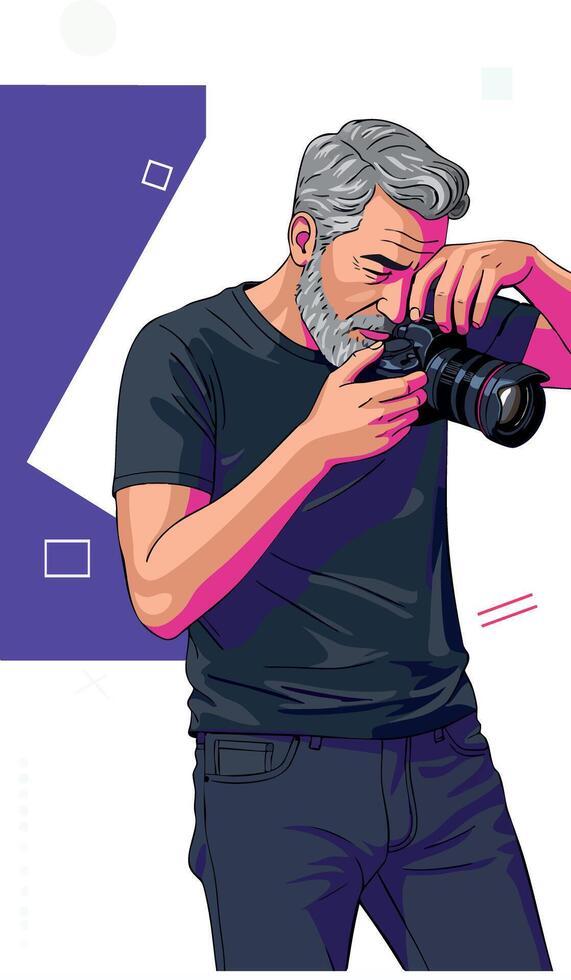 Mature man with gray hair taking photo with camera illustration in modern style vector