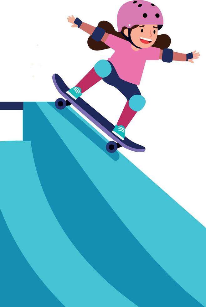 Girl skateboarding on blue ramp wearing pink helmet and protective gear illustration vector