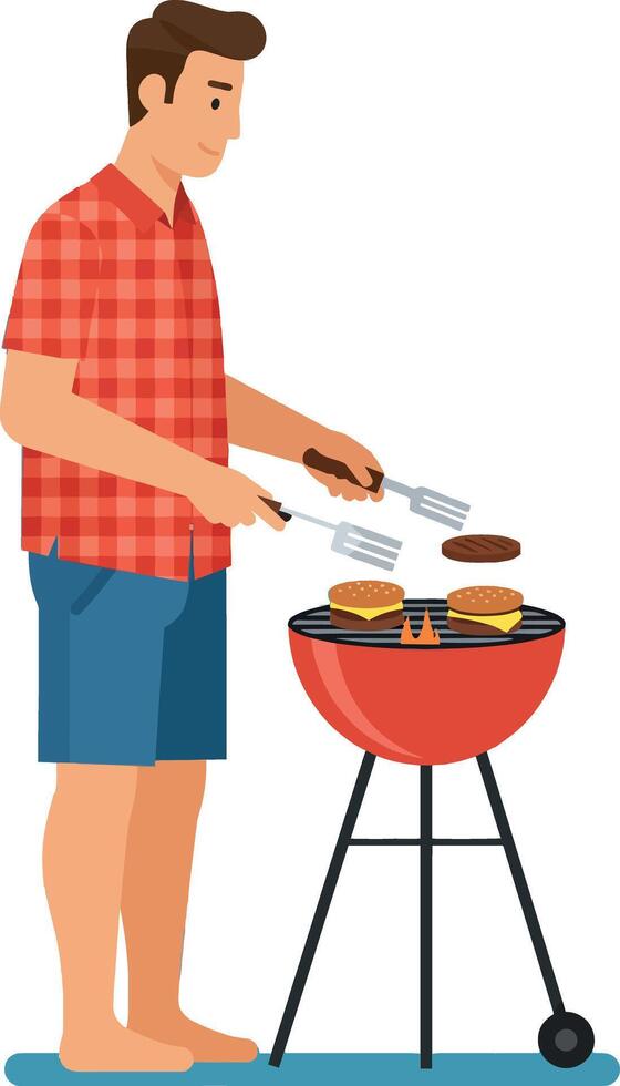 Man grilling meat on charcoal barbecue outdoors in casual clothes illustration vector