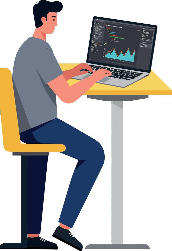 Man Analyzing Data on Laptop Screen Sitting at Table Illustration vector