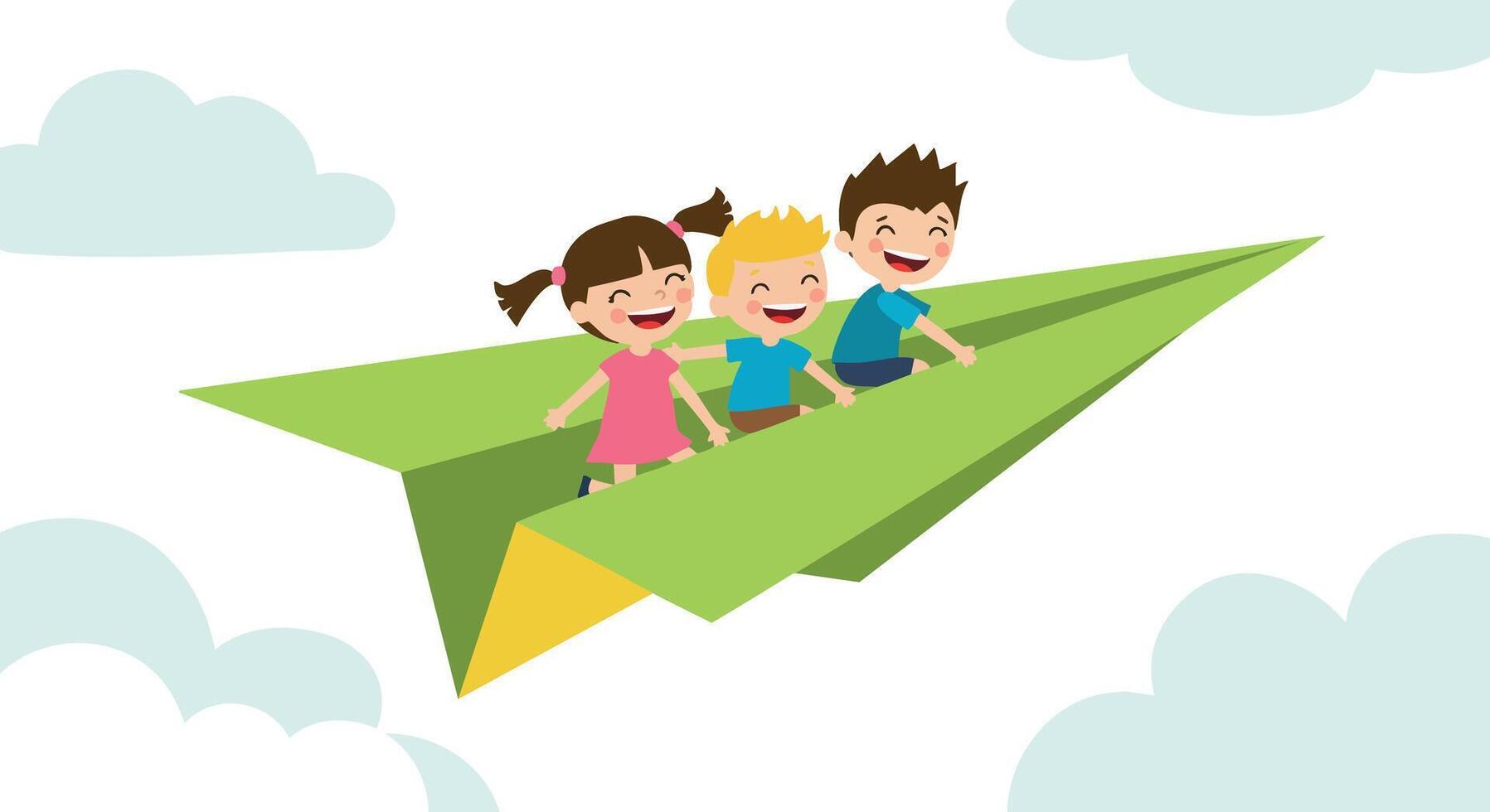 Children Flying Green Paper Airplane Illustration in Sky with Clouds vector